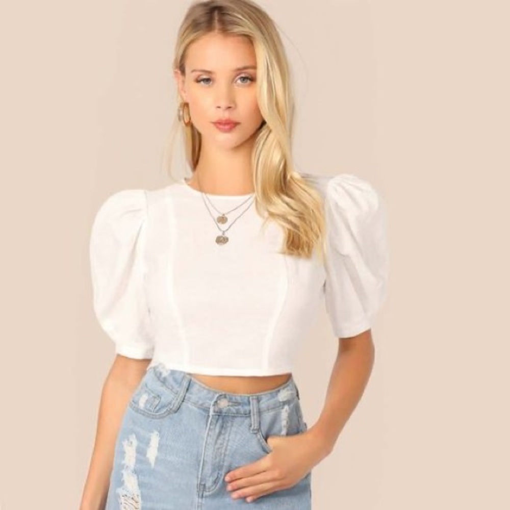 XS White SHEIN Puff Sleeve Crop Top